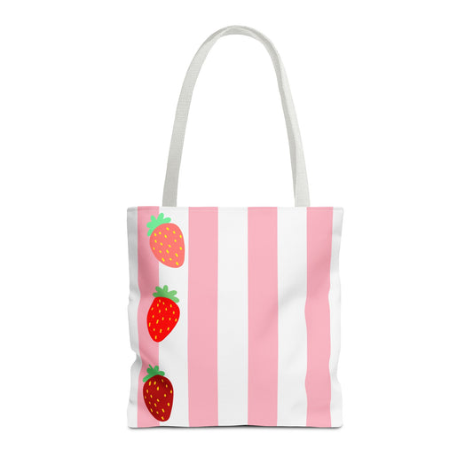 Strawberry Stripe Tote Bag With Pink Red Fruit Pattern