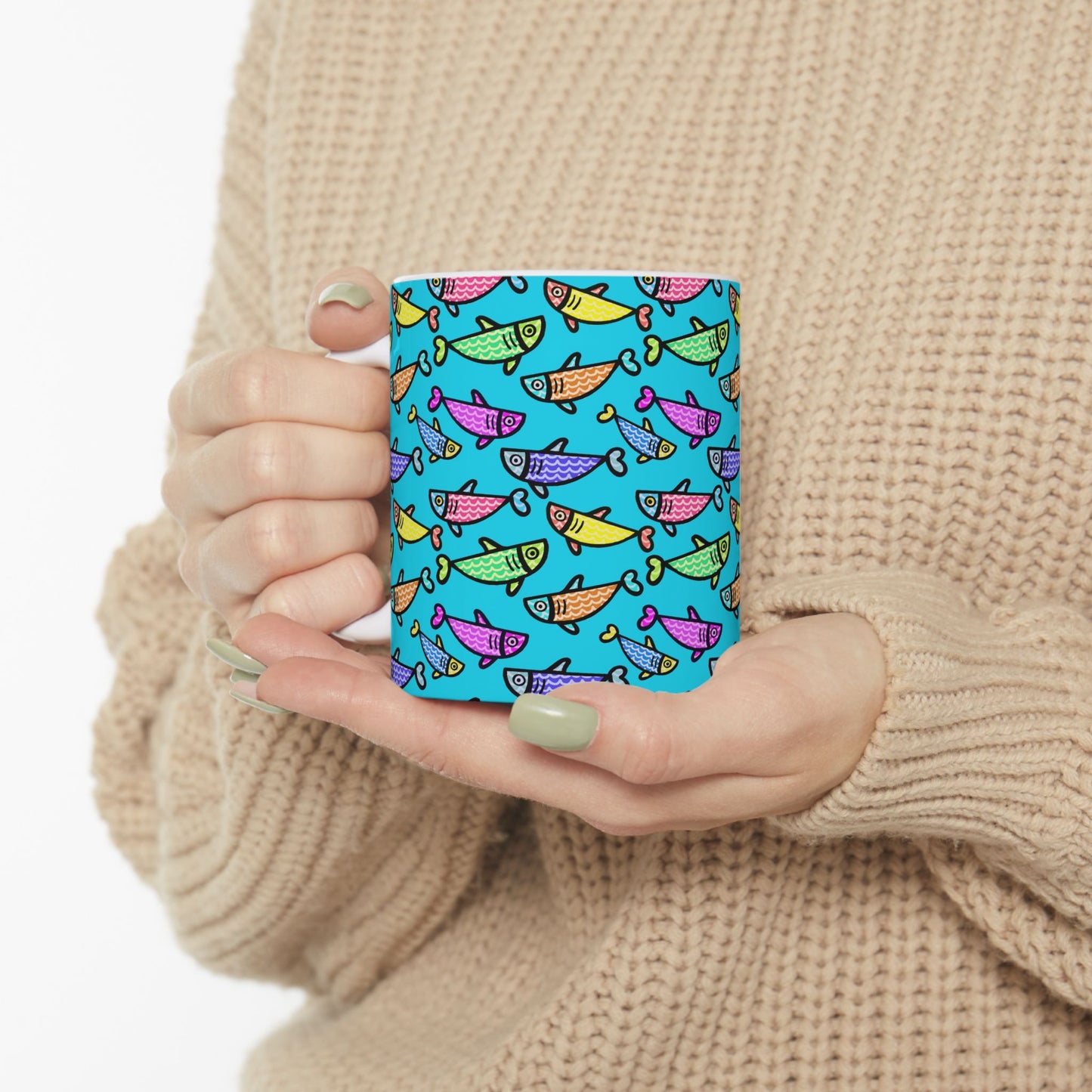 Hand Drawn Happy Fish Mug Ceramic Coffee Cup 11 Oz Glossy White Finish Artwork Gift For Coffee Lovers