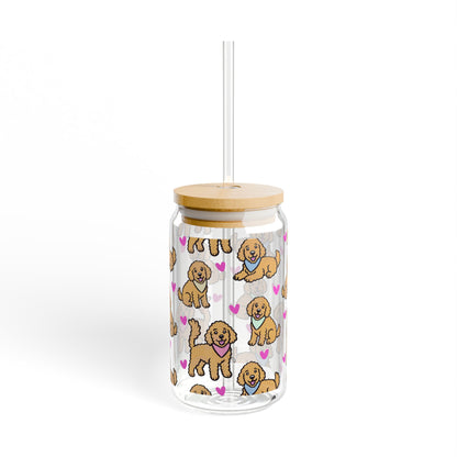 Goldendoodle Dog Sipper Glass | 16oz Glass Can with Bamboo Lid & Straw