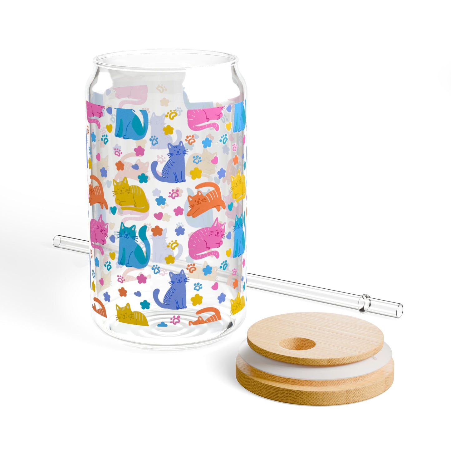 Colorful Cat Pattern Sipper Glass | 16oz Glass Can with Bamboo Lid & Straw