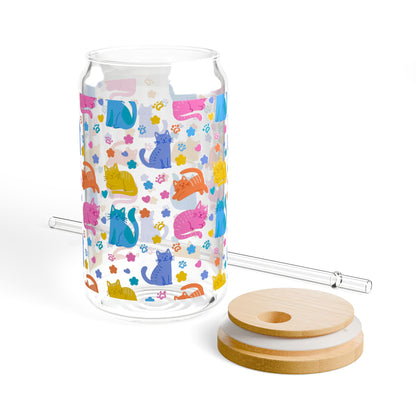 Colorful Cat Pattern Sipper Glass | 16oz Glass Can with Bamboo Lid & Straw