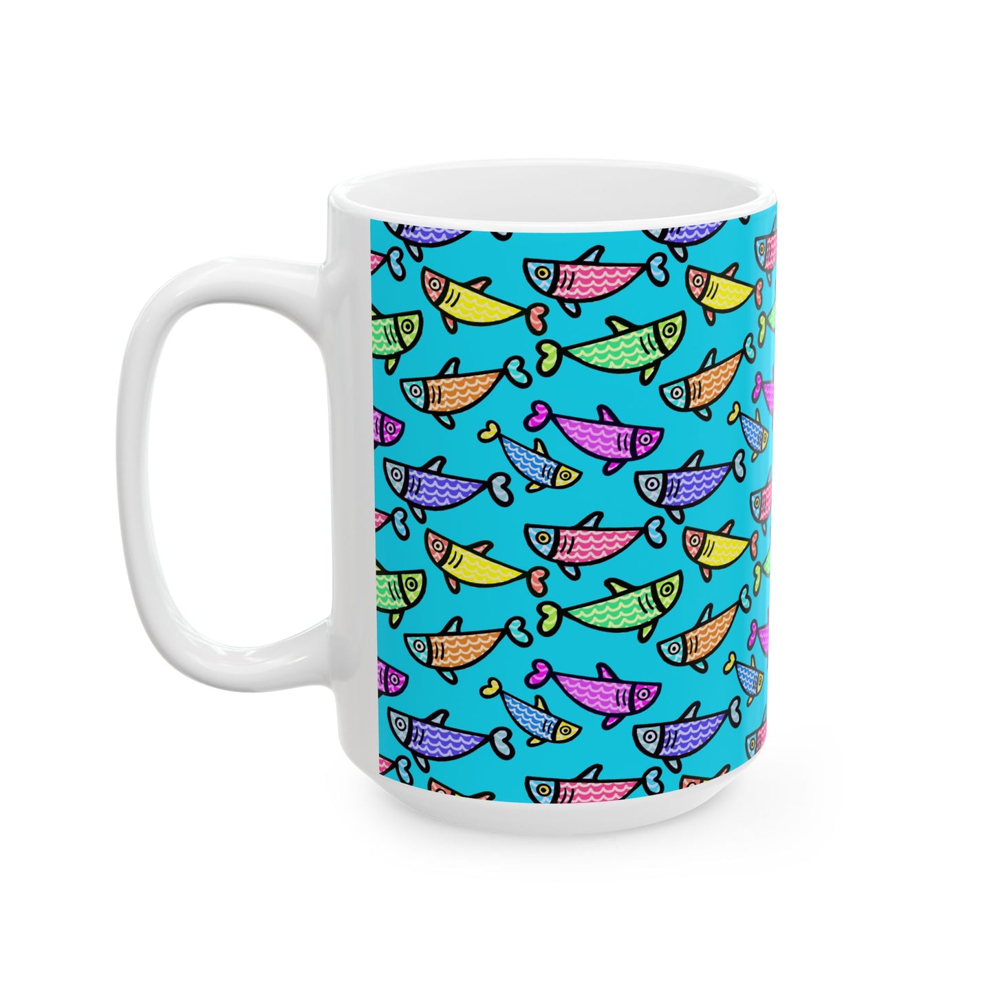 Hand Drawn Happy Fish Mug Ceramic Coffee Cup 11 Oz Glossy White Finish Artwork Gift For Coffee Lovers
