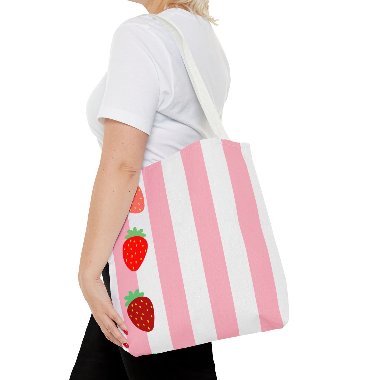 Strawberry Stripe Tote Bag With Pink Red Fruit Pattern