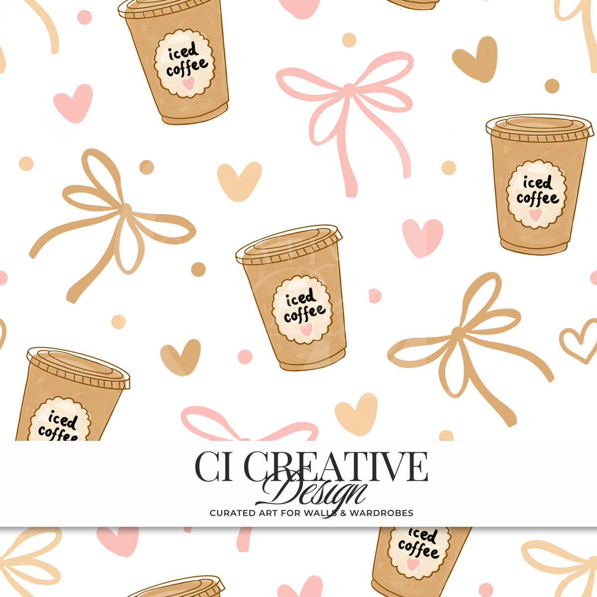 Iced Coffee Seamless Pattern | Bow & Heart Digital Download PNG