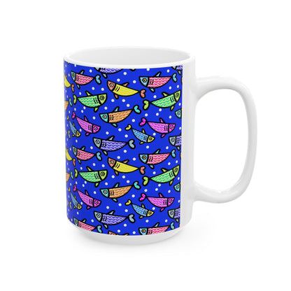 Happy Fish 2 Hand Drawn Illustration Ceramic Coffee Mug With Glossy Finish For Morning Joy