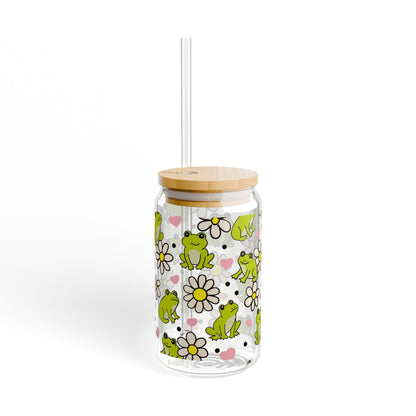 Frog & Daisy Sipper Glass | 16oz Glass Can with Bamboo Lid & Straw