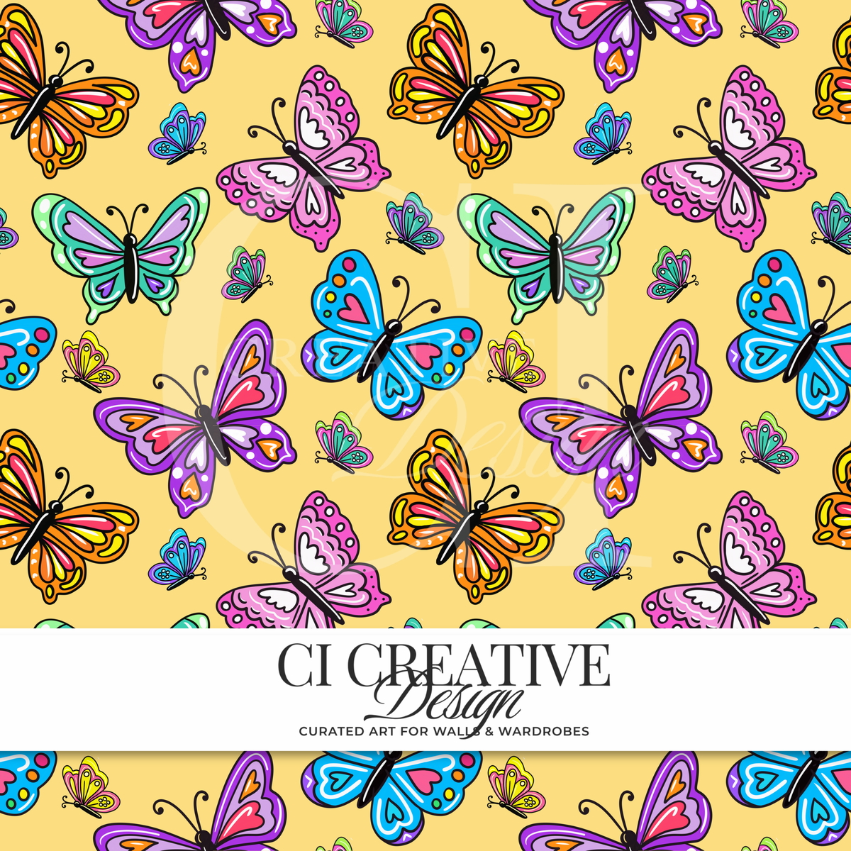 Colorful Butterfly Seamless Pattern | Yellow Background Digital Download PNG