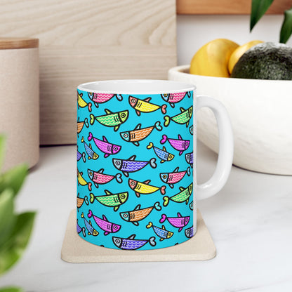 Hand Drawn Happy Fish Mug Ceramic Coffee Cup 11 Oz Glossy White Finish Artwork Gift For Coffee Lovers