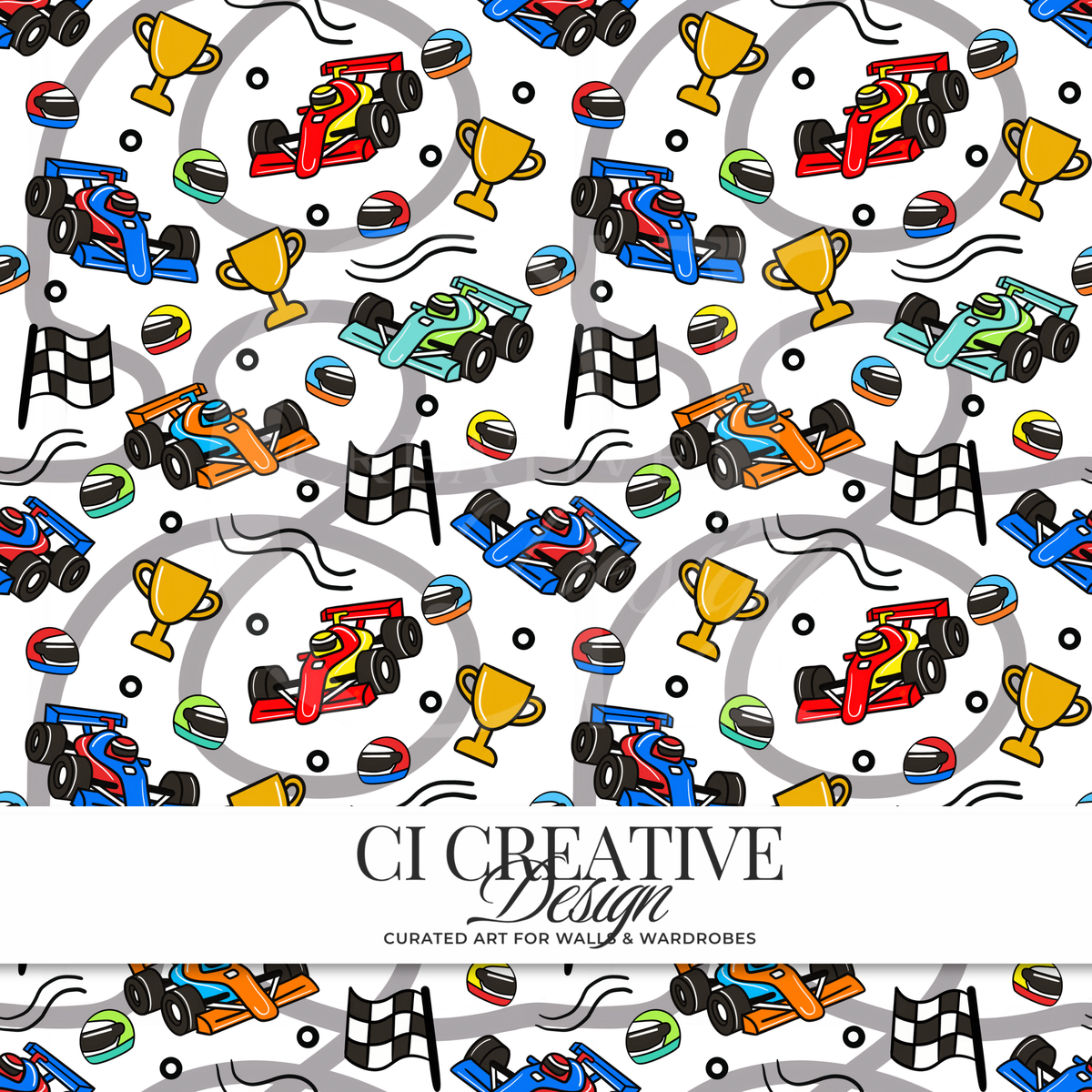 Race Car Seamless Pattern | Trophy & Checkered Flag Digital Download PNG