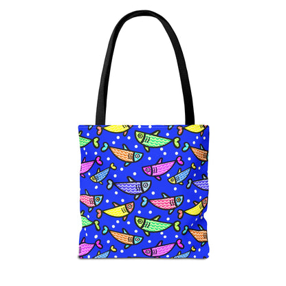 Happy Fish Tote Bag All Over Print Hand Drawn Fish Illustration Three Sizes