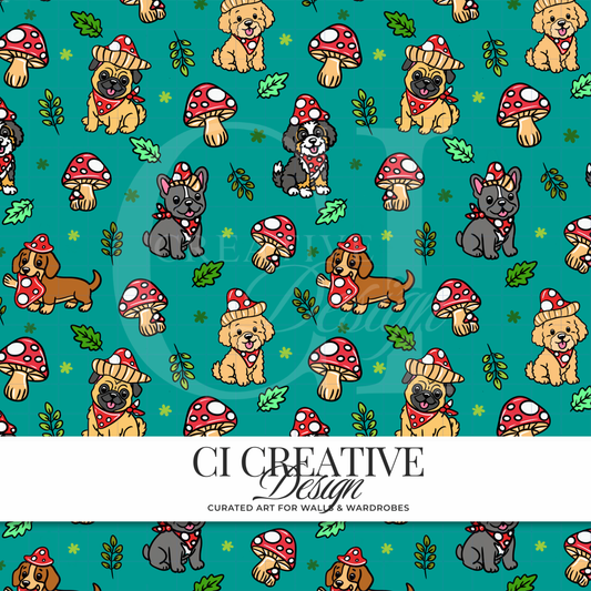 Mushroom Puppy Seamless Pattern | Cottagecore Dog Digital Download PNG