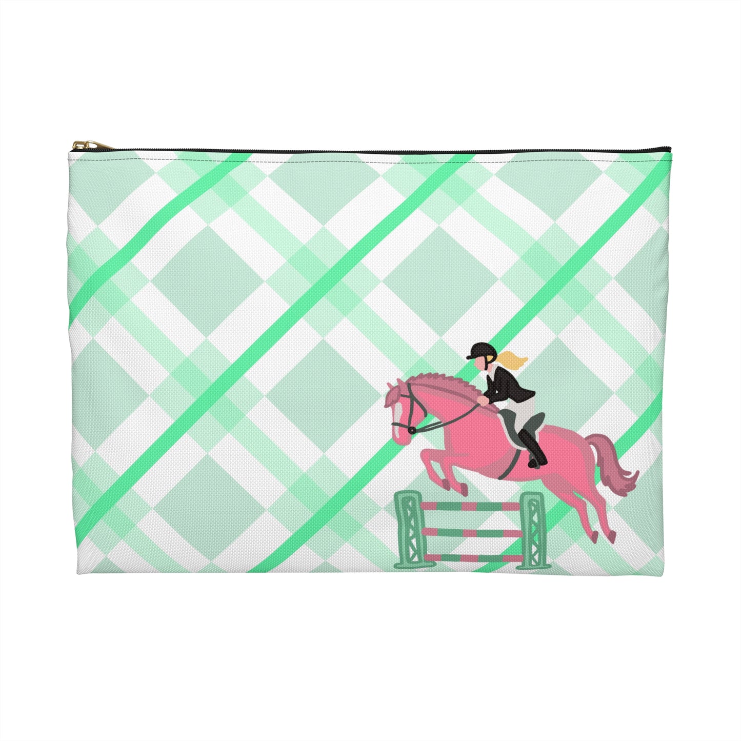 Equestrian Jumping Accessory Pouch — Mint Plaid Horse Rider Makeup Bag