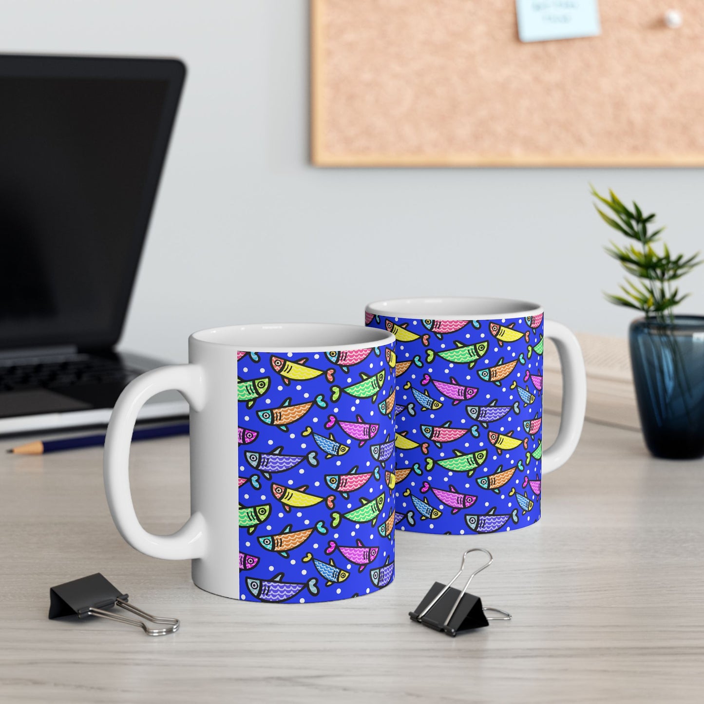 Happy Fish 2 Hand Drawn Illustration Ceramic Coffee Mug With Glossy Finish For Morning Joy
