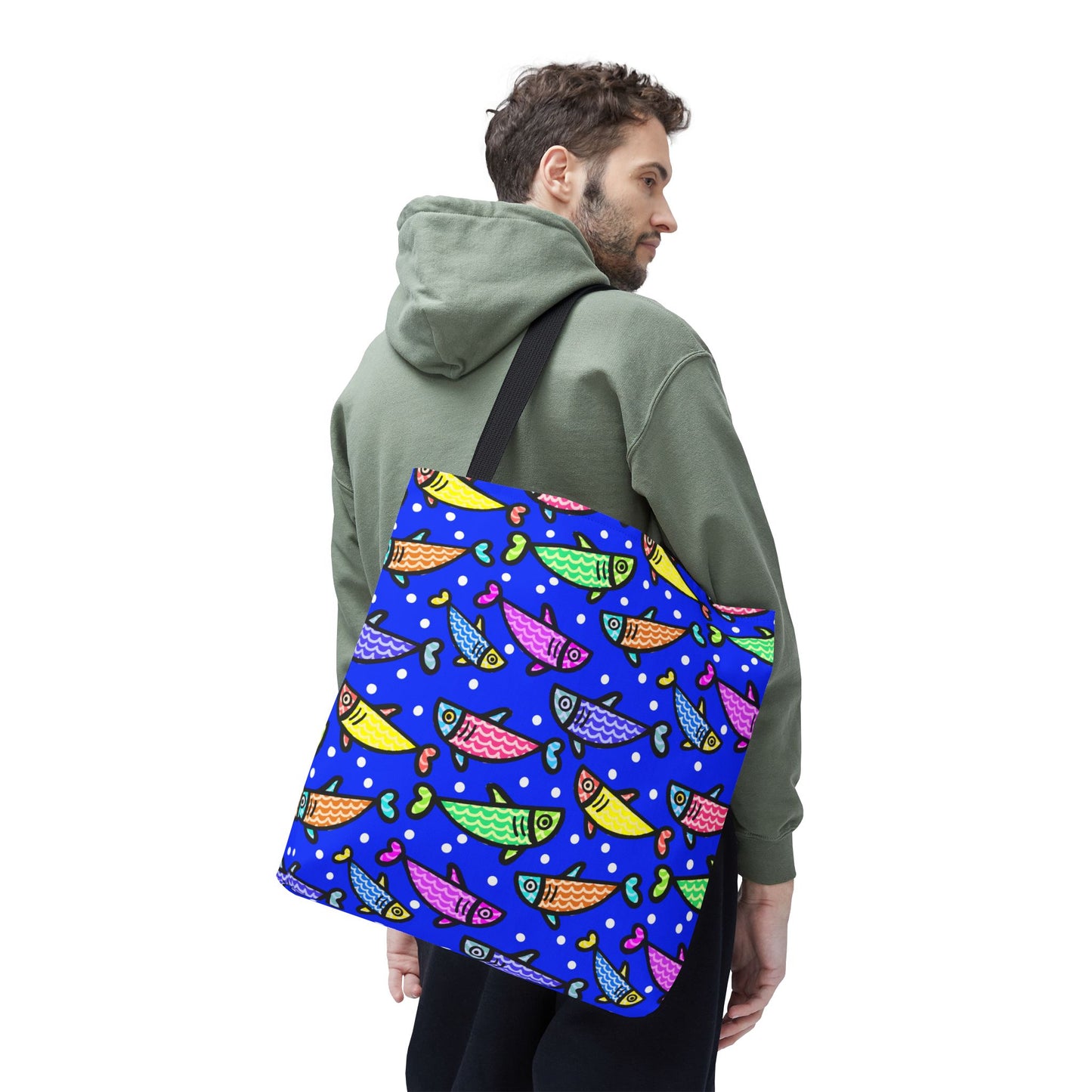Happy Fish Tote Bag All Over Print Hand Drawn Fish Illustration Three Sizes