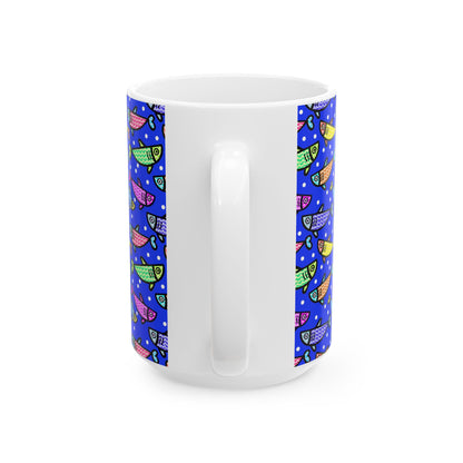 Happy Fish 2 Hand Drawn Illustration Ceramic Coffee Mug With Glossy Finish For Morning Joy
