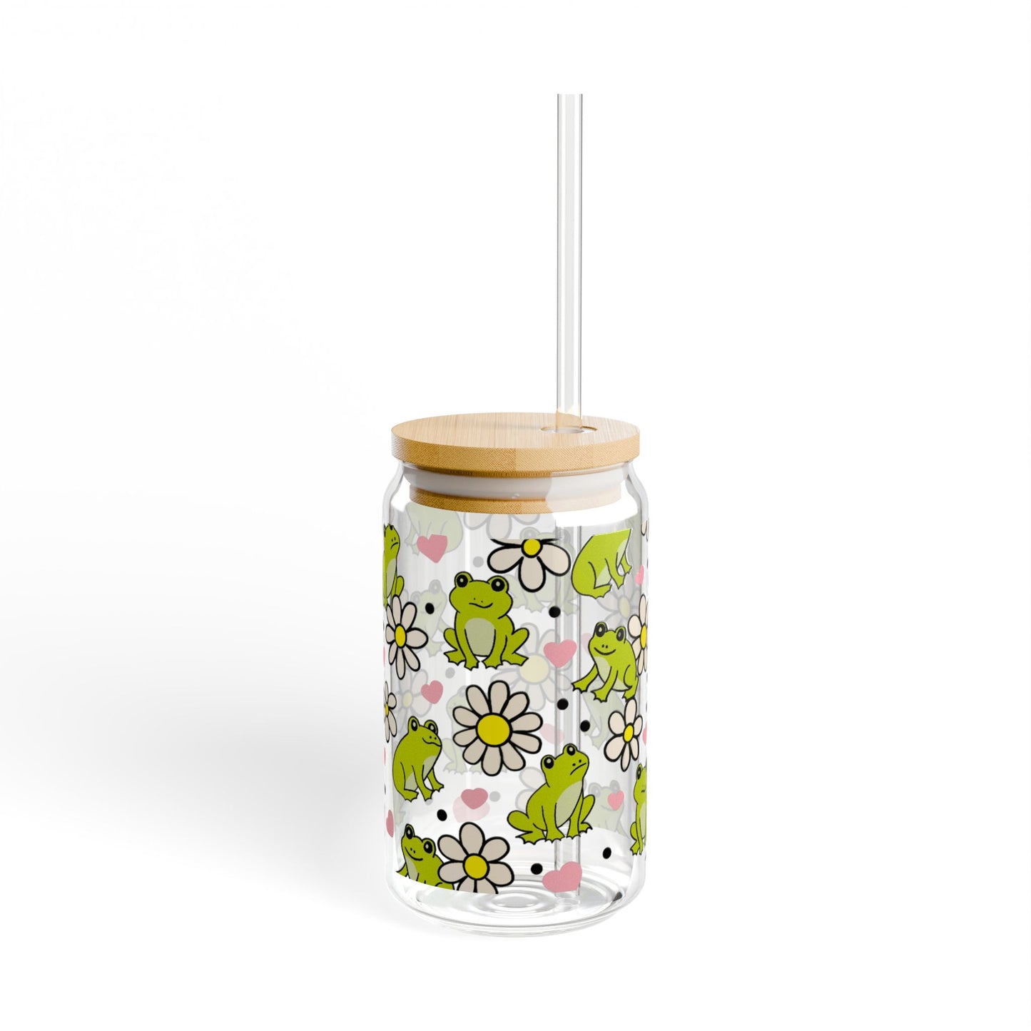 Frog & Daisy Sipper Glass | 16oz Glass Can with Bamboo Lid & Straw