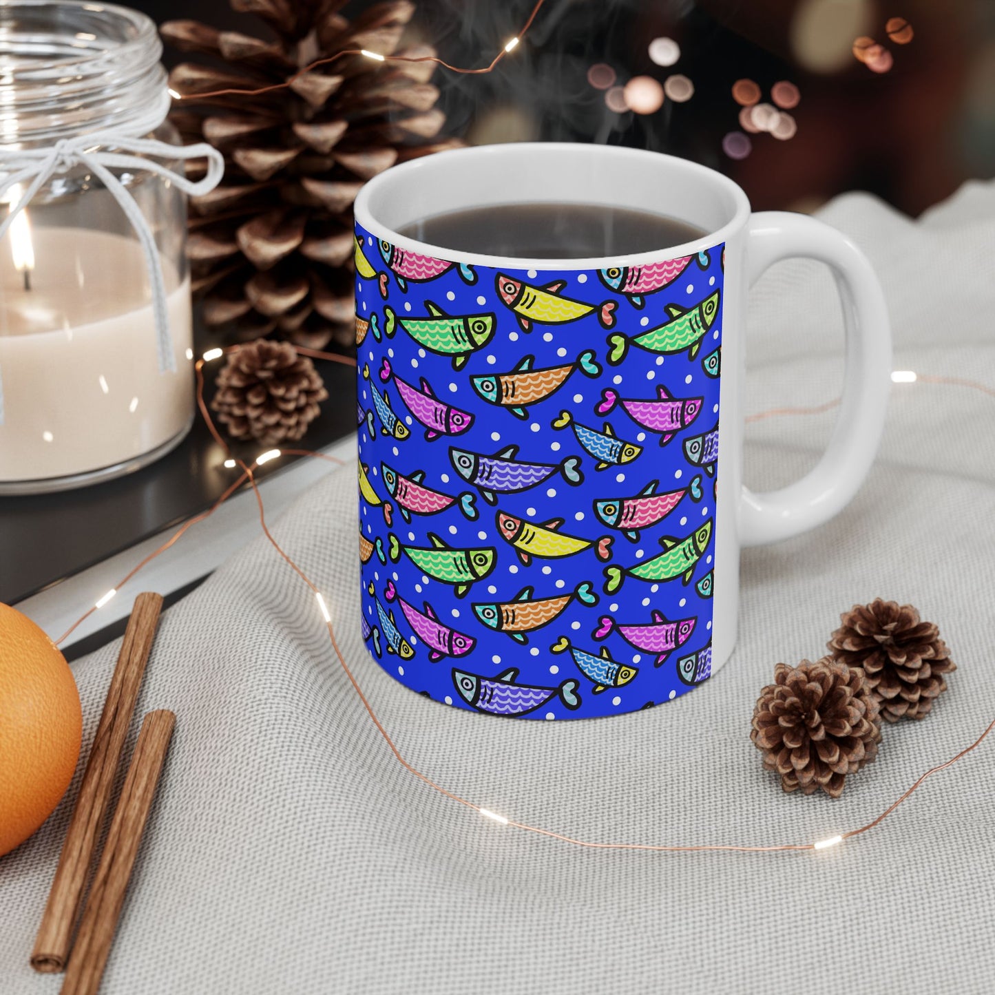 Happy Fish 2 Hand Drawn Illustration Ceramic Coffee Mug With Glossy Finish For Morning Joy