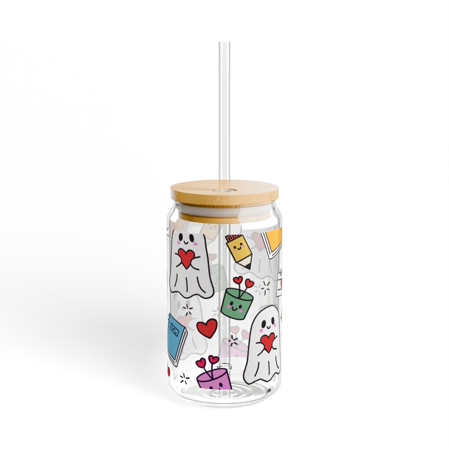 Kawaii Ghost Sipper Glass | 16oz Whimsigoth Glass Can with Bamboo Lid & Straw