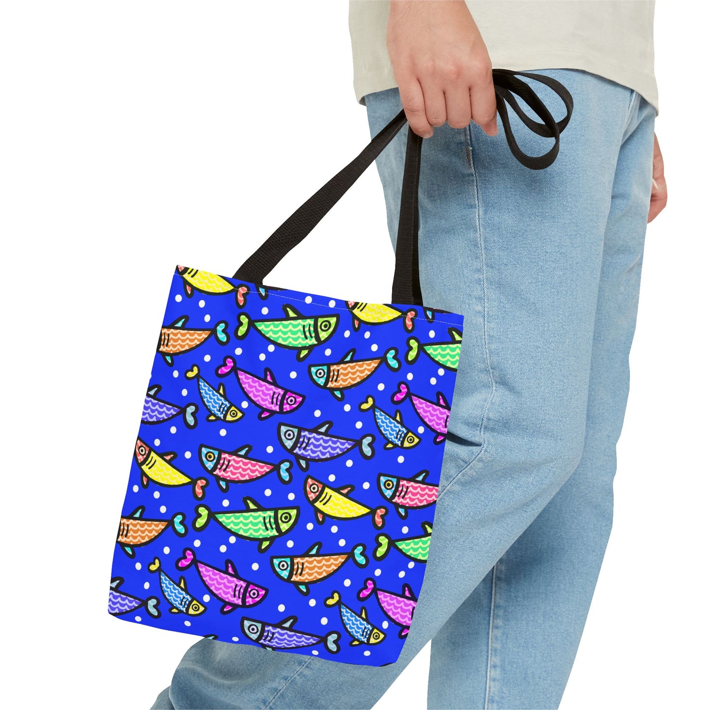 Happy Fish Tote Bag All Over Print Hand Drawn Fish Illustration Three Sizes
