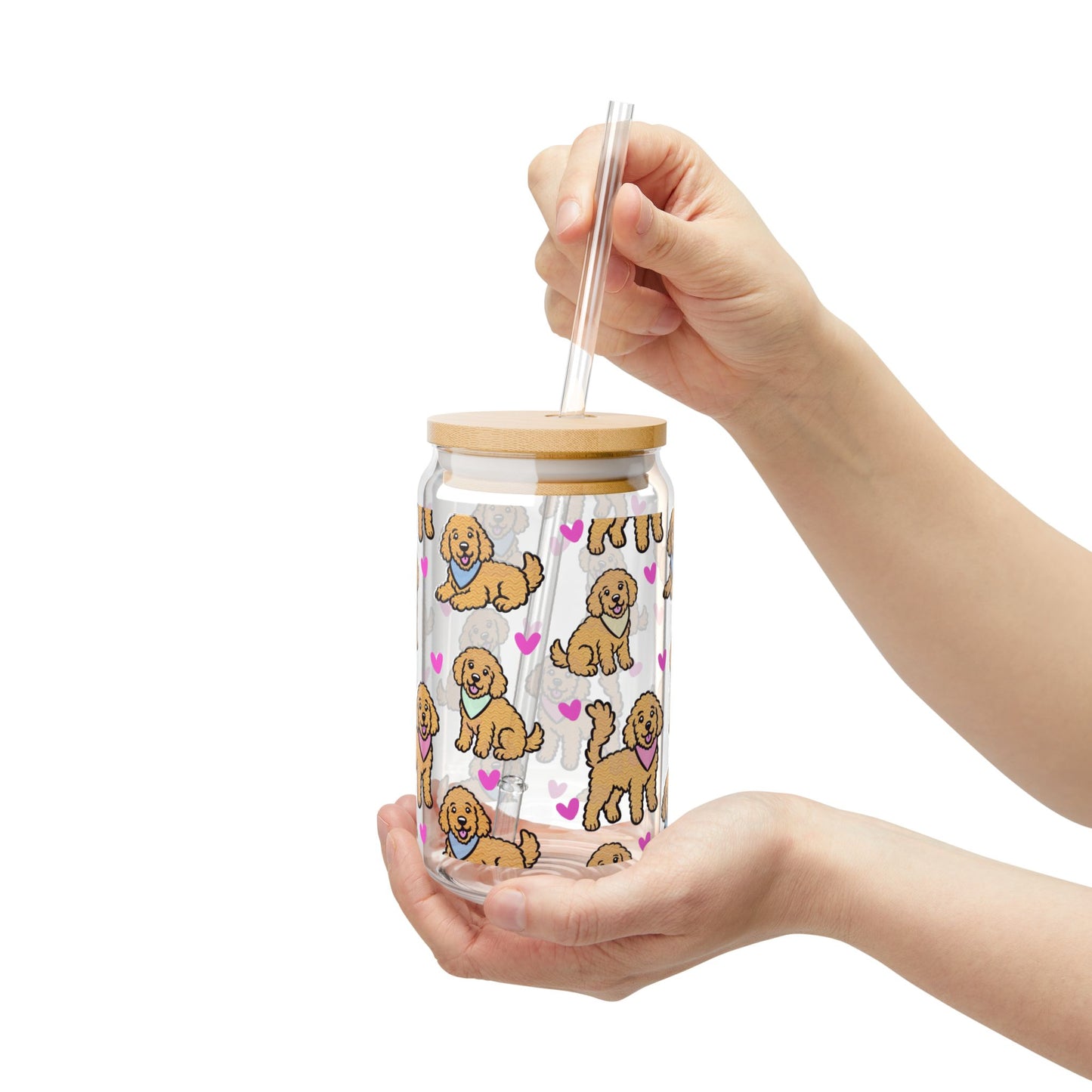 Goldendoodle Dog Sipper Glass | 16oz Glass Can with Bamboo Lid & Straw