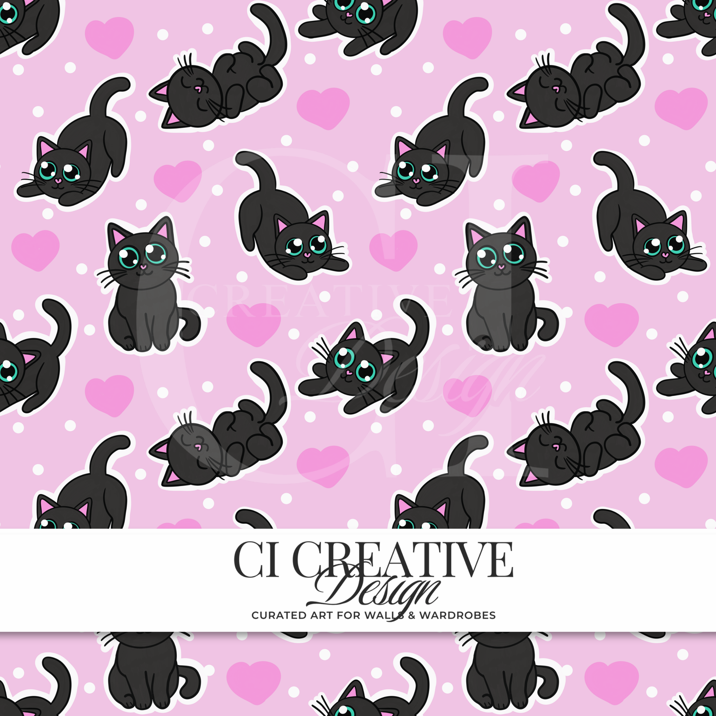 Black Cat Seamless Pattern | Pink Heart Digital Download PNG