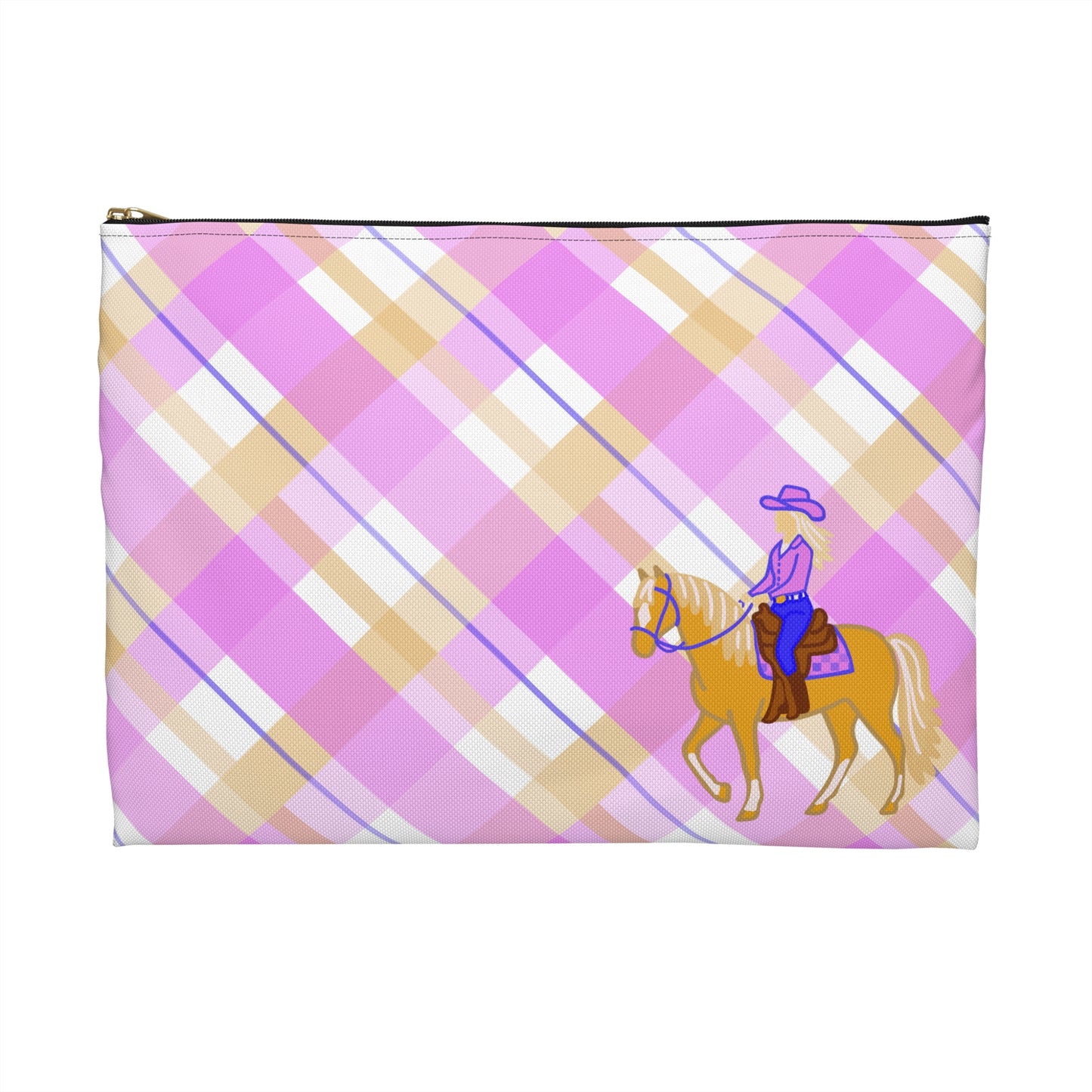 Cowgirl Plaid Accessory Pouch — Pink Plaid Horse Riding Makeup Bag