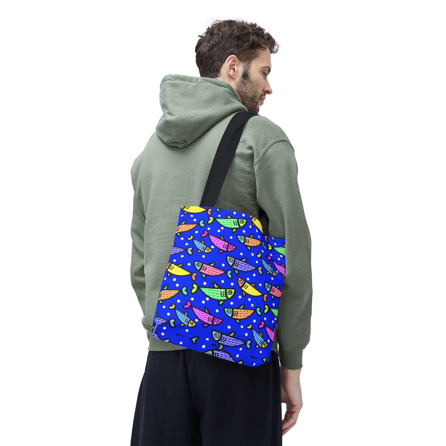 Happy Fish Tote Bag All Over Print Hand Drawn Fish Illustration Three Sizes