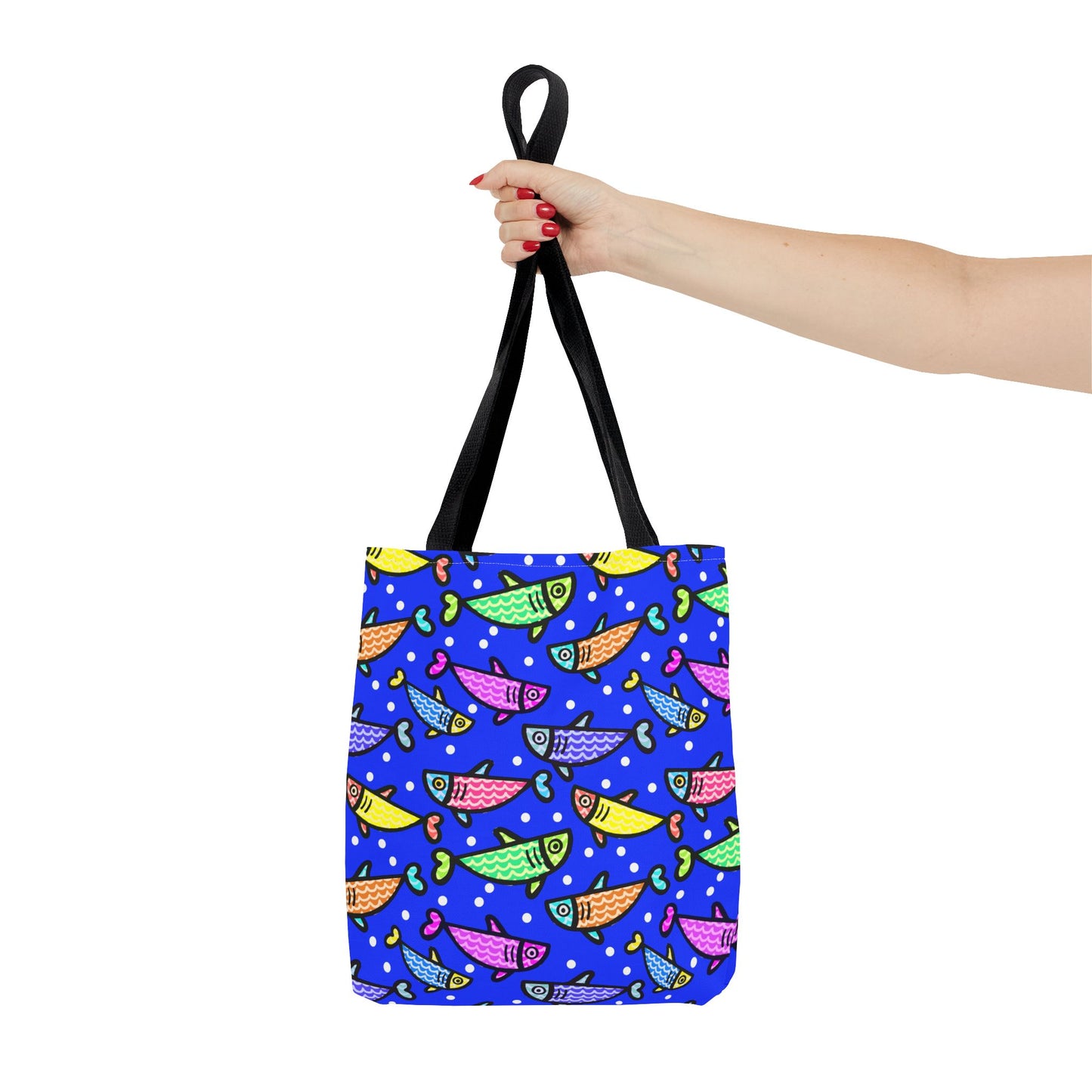 Happy Fish Tote Bag All Over Print Hand Drawn Fish Illustration Three Sizes