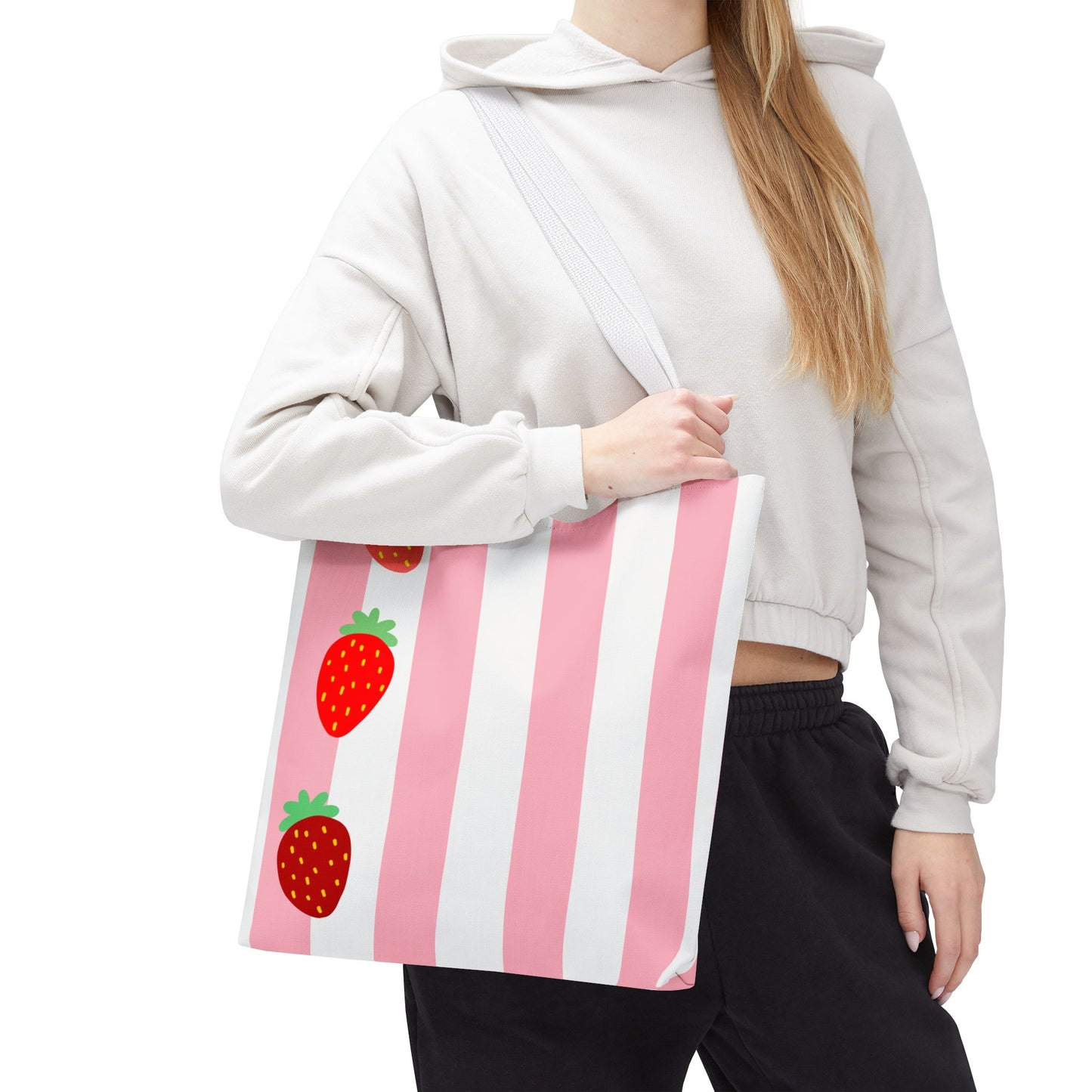 Strawberry Stripe Tote Bag With Pink Red Fruit Pattern