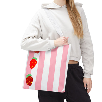 Strawberry Stripe Tote Bag With Pink Red Fruit Pattern