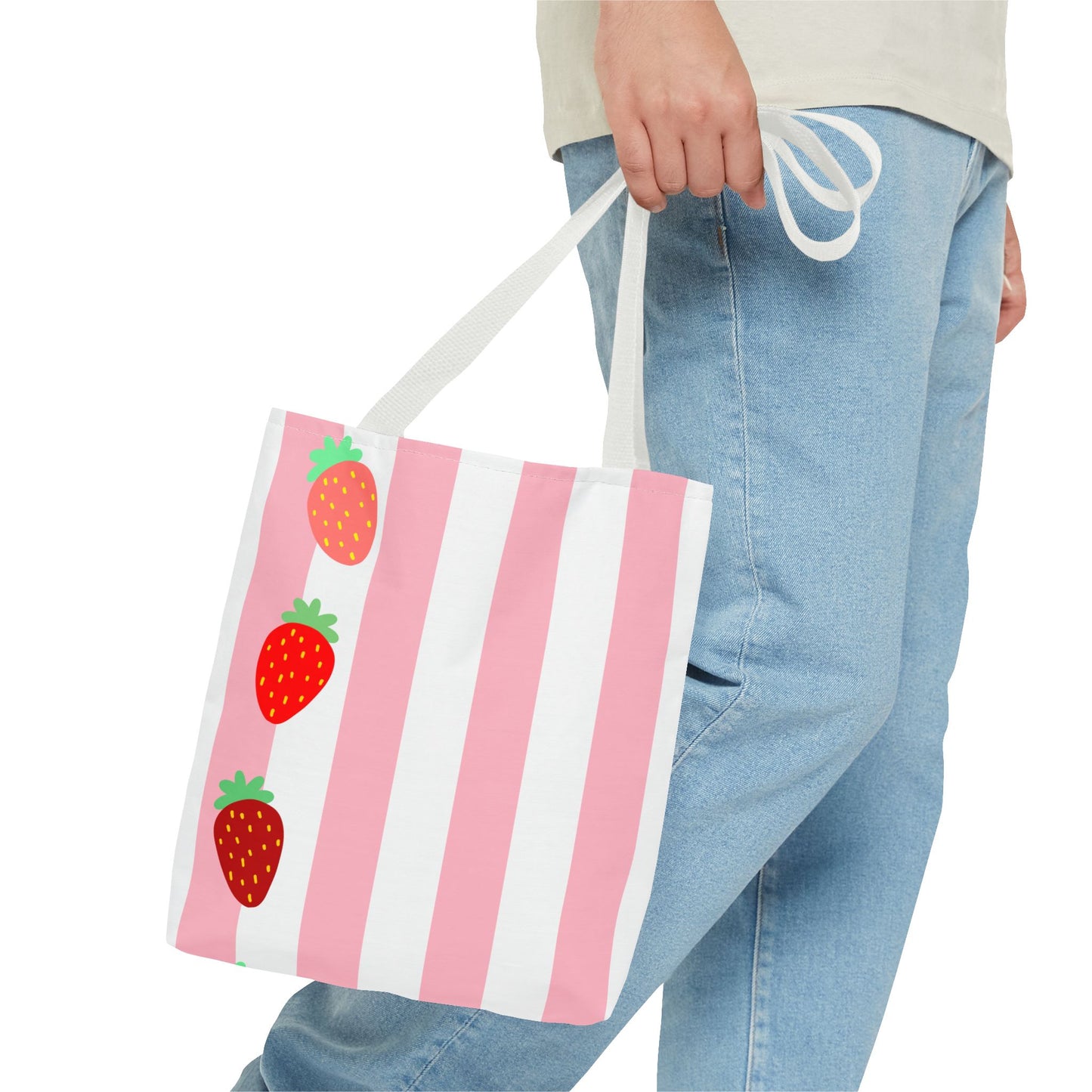 Strawberry Stripe Tote Bag With Pink Red Fruit Pattern