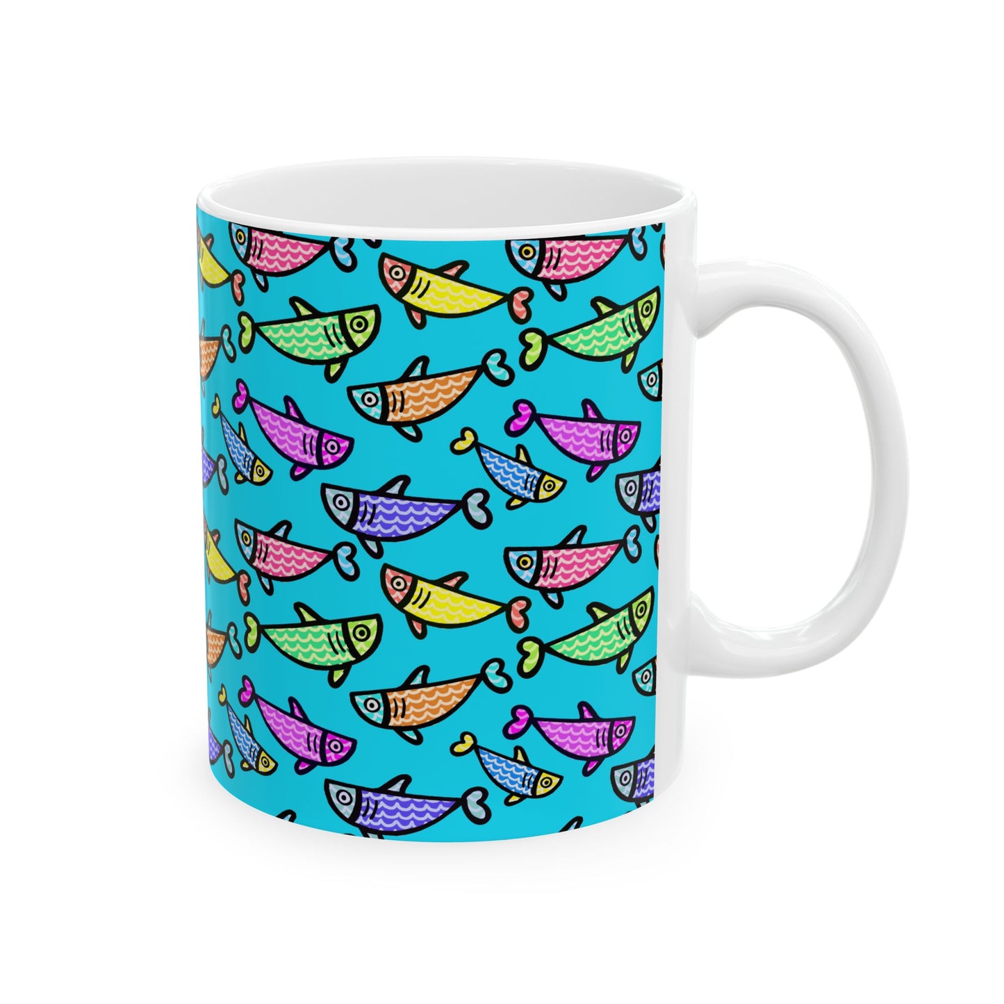 Hand Drawn Happy Fish Mug Ceramic Coffee Cup 11 Oz Glossy White Finish Artwork Gift For Coffee Lovers