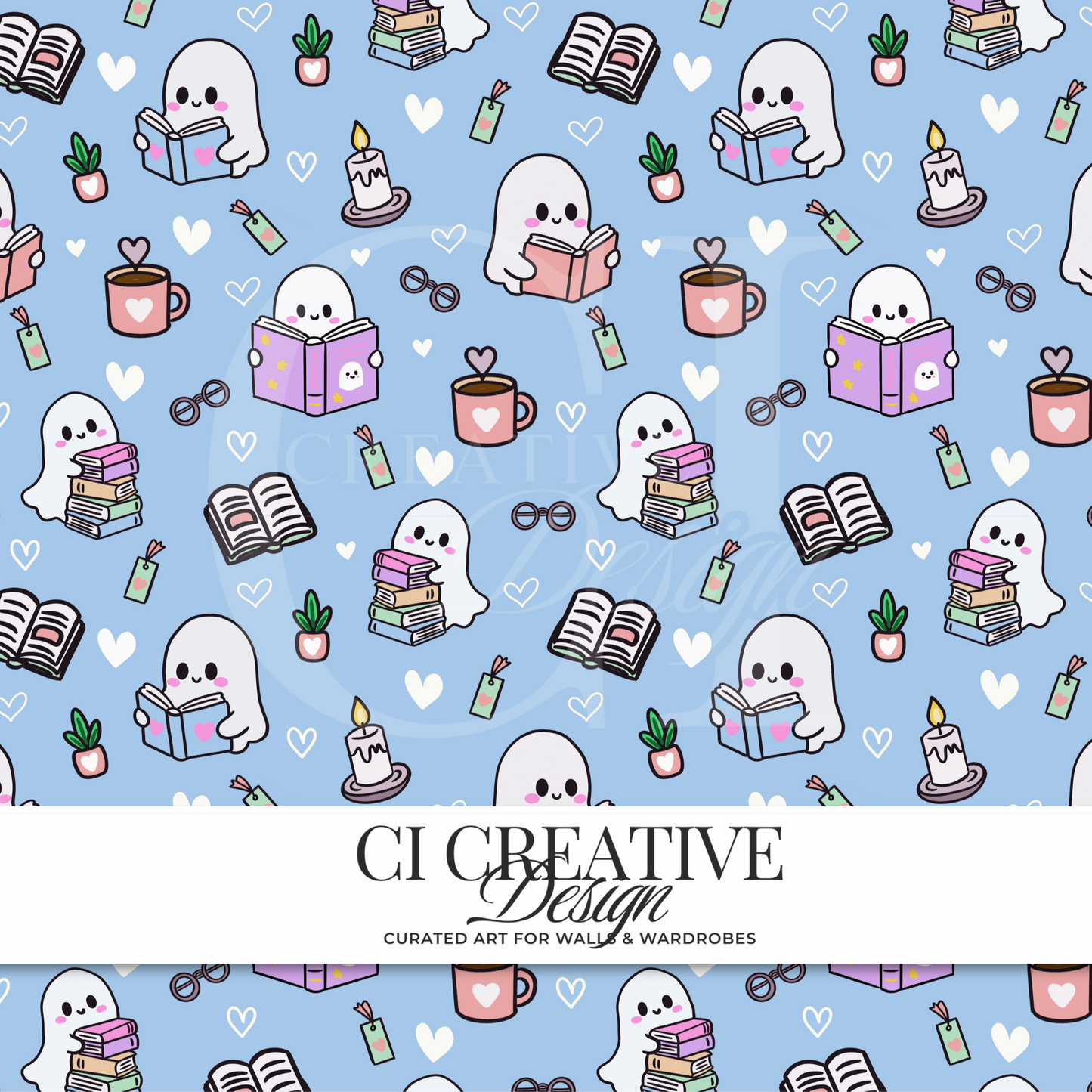Bookish Ghost Seamless Pattern | Cozy Reading Digital Download PNG
