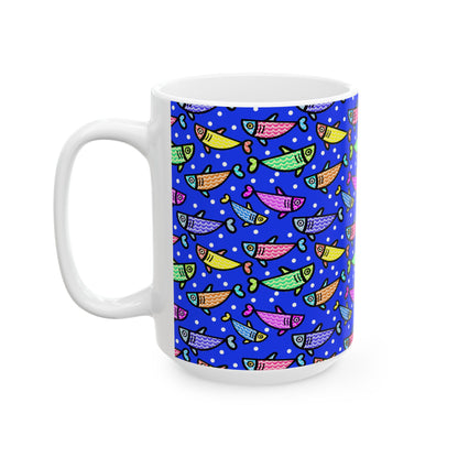 Happy Fish 2 Hand Drawn Illustration Ceramic Coffee Mug With Glossy Finish For Morning Joy