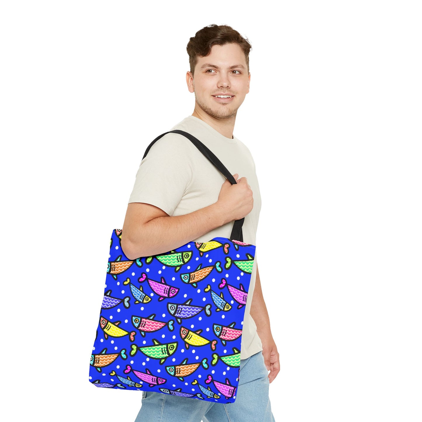 Happy Fish Tote Bag All Over Print Hand Drawn Fish Illustration Three Sizes