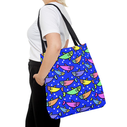 Happy Fish Tote Bag All Over Print Hand Drawn Fish Illustration Three Sizes