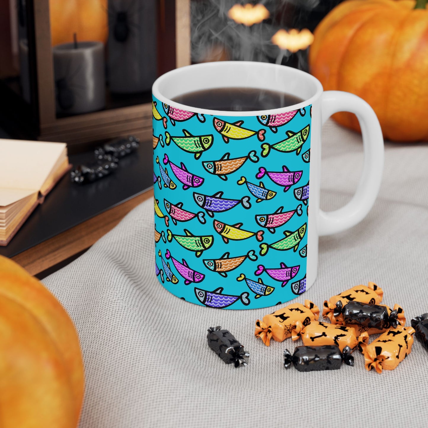 Hand Drawn Happy Fish Mug Ceramic Coffee Cup 11 Oz Glossy White Finish Artwork Gift For Coffee Lovers