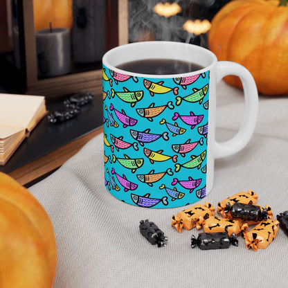 Hand Drawn Happy Fish Mug Ceramic Coffee Cup 11 Oz Glossy White Finish Artwork Gift For Coffee Lovers