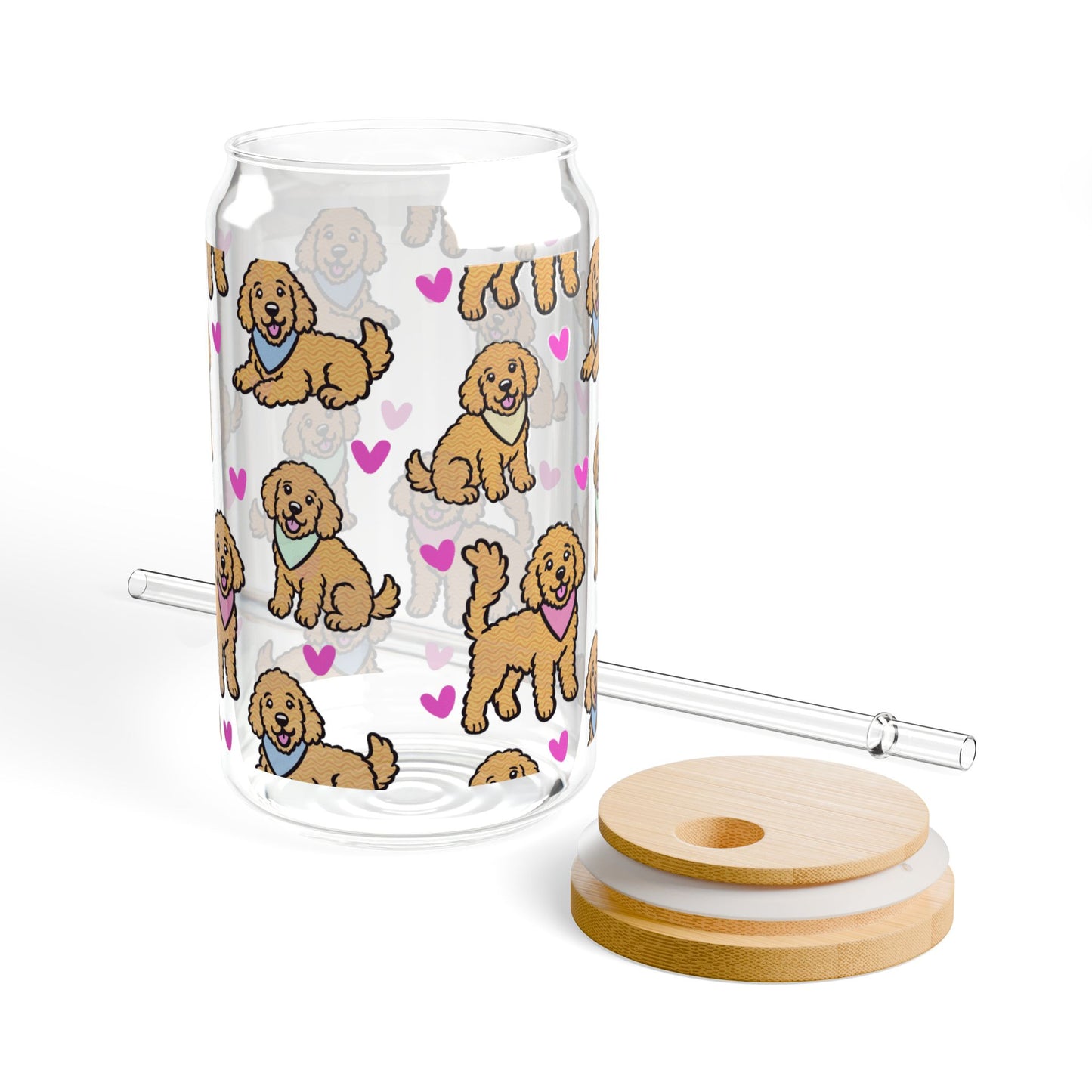 Goldendoodle Dog Sipper Glass | 16oz Glass Can with Bamboo Lid & Straw