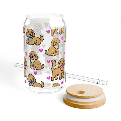 Goldendoodle Dog Sipper Glass | 16oz Glass Can with Bamboo Lid & Straw