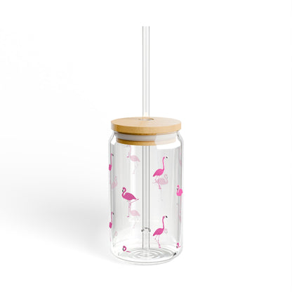 Flamingo Sipper Glass | 16oz Glass Can with Bamboo Lid & Straw