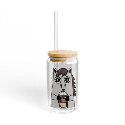 Horse Sipper Glass | 16oz Equestrian Glass Can with Bamboo Lid & Straw