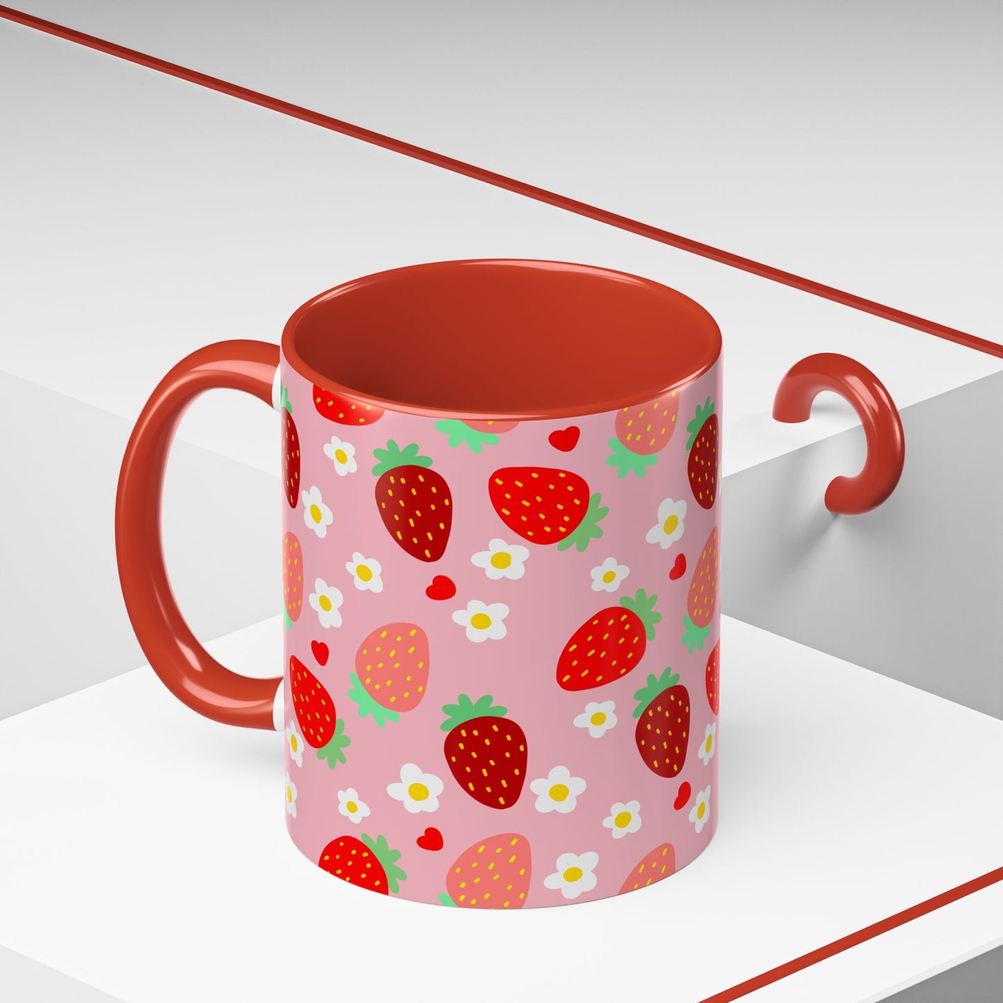 Strawberry Love Cup Ceramic Coffee Mug 11oz 15oz Pink Interior Pink Handle White With Striped Strawberry Pattern