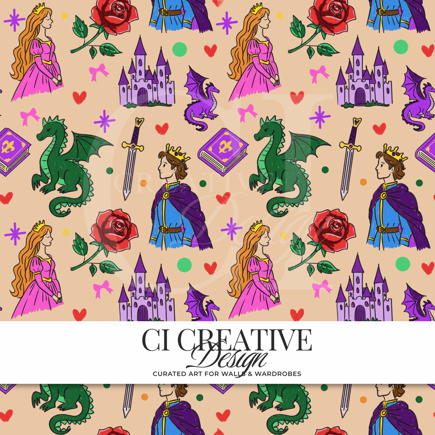 Fairytale Seamless Pattern | Princess & Dragon Digital Download PNG