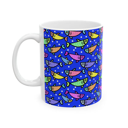 Happy Fish 2 Hand Drawn Illustration Ceramic Coffee Mug With Glossy Finish For Morning Joy