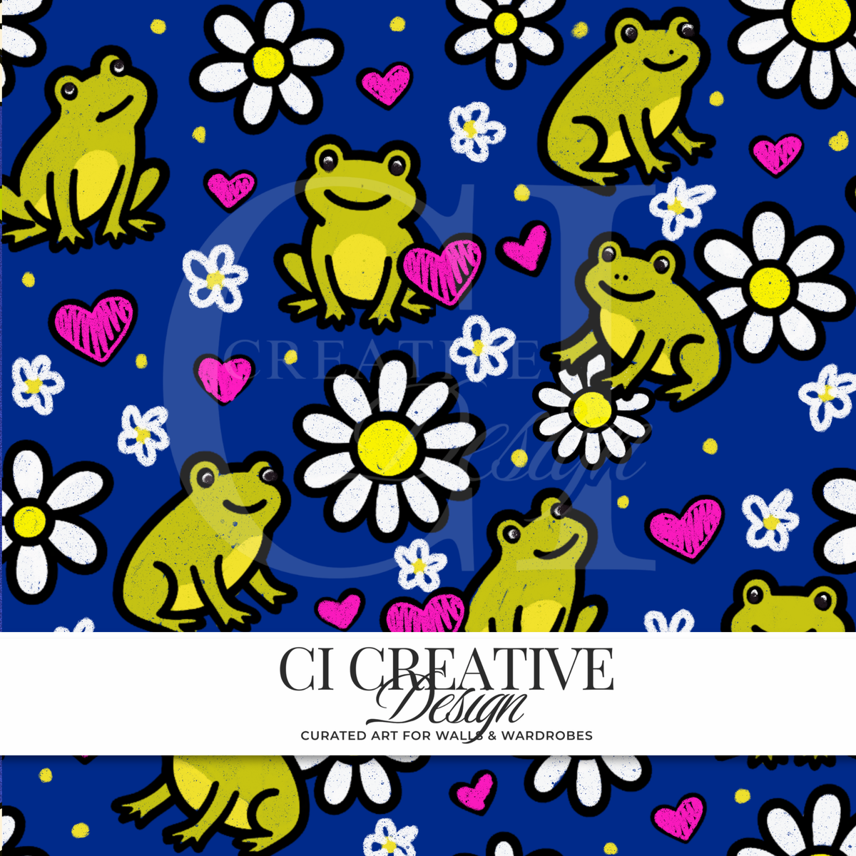 Frogs & Daisies Seamless Pattern | Retro Floral Digital Download PNG