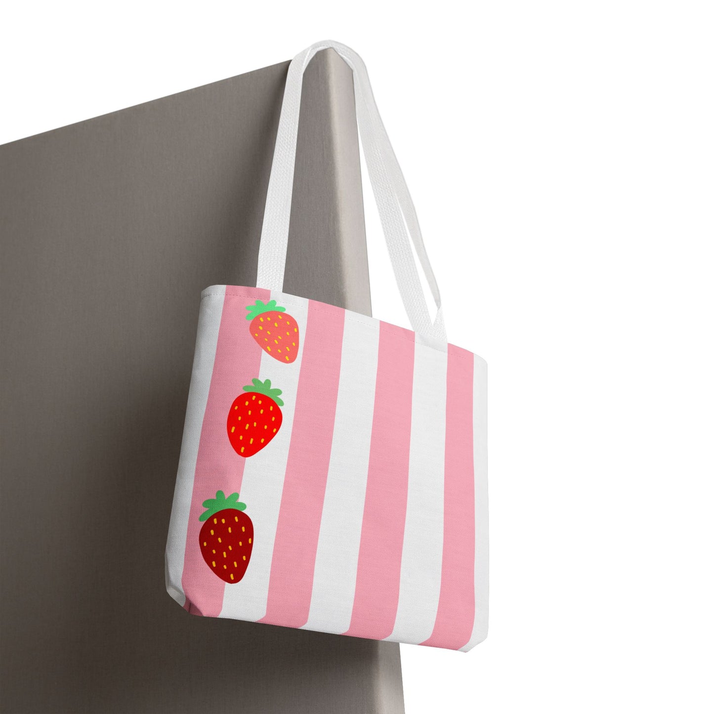 Strawberry Stripe Tote Bag With Pink Red Fruit Pattern