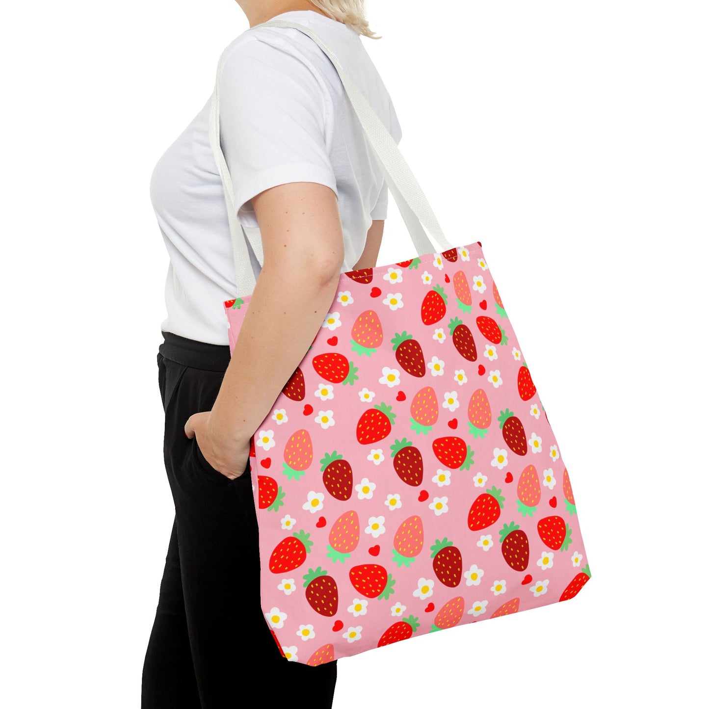Strawberry Seamless Tote Bag Pink Red Fruit Pattern