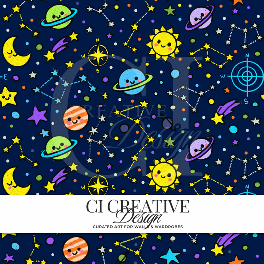 Space Seamless Pattern | Kawaii Planets & Stars Digital Download PNG