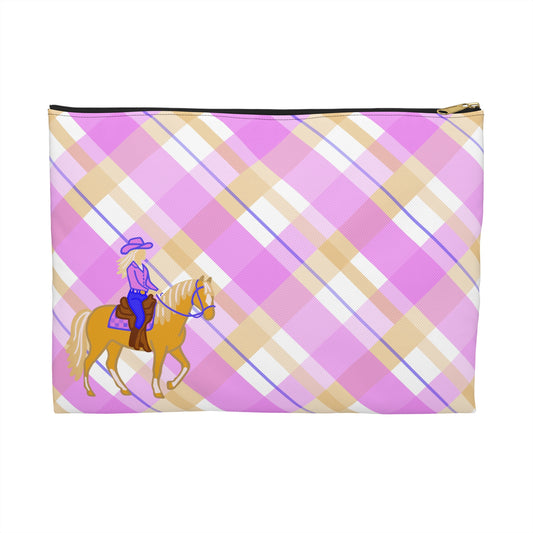 Cowgirl Plaid Accessory Pouch — Pink Plaid Horse Riding Makeup Bag